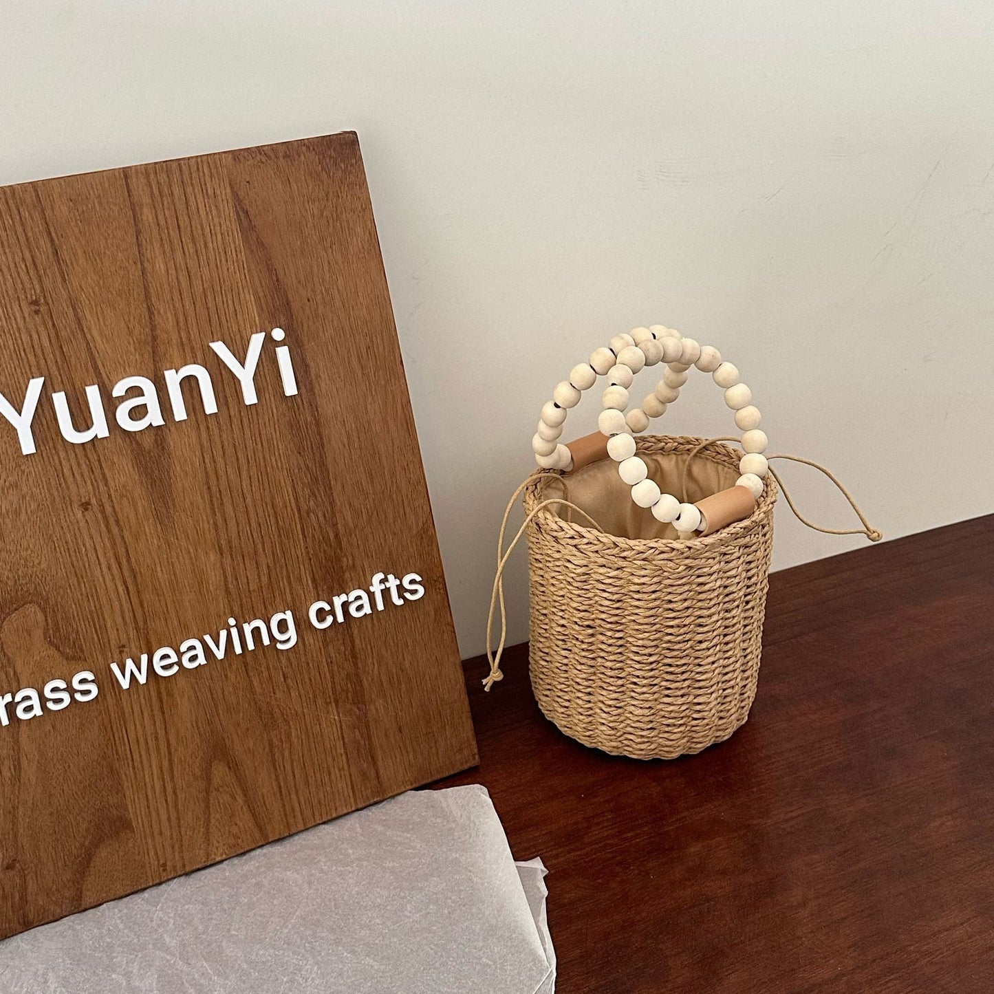 Straw Woven Drawstring Bucket Bag